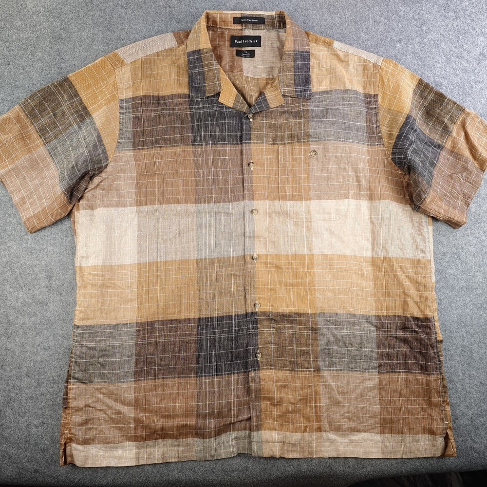 Paul Frederick Shirt Mens 2XL Brown Plaid 100% Linen Shirt Sleeve Camp Button Up